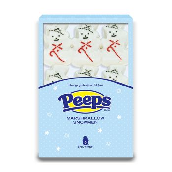 A pack of 6 snowmen shaped Peeps Marshmallows, American sweets imported to the UK