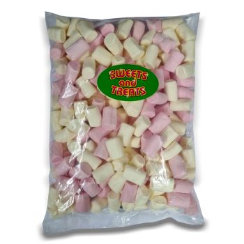 A bulk 1kg bag of Pink and white marshmallow tubes, retro sweets.
