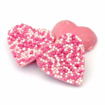 Hannahs Pink Hearts - Strawberry flavour chocolate candy shaped like hearts with a sprinkle topping