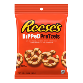 Snyders pretzels dipped in Reese's peanut butter and drizzled with milk chocolate
