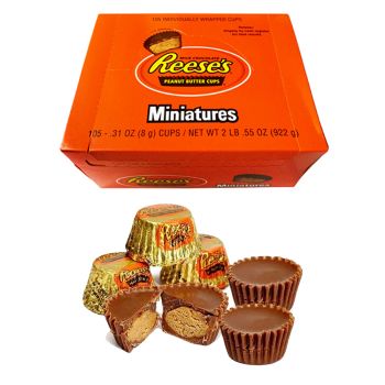 A full box of 105 Reese's mini peanut butter cups, individually wrapped American sweets