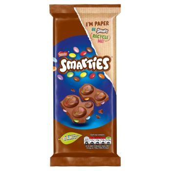 A milk chocolate bar filled with colourful smarties sweets