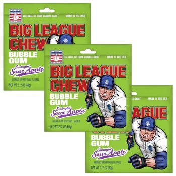 American Sweets - A pack of 3 Sour Apple flavour big league chewing gum pouches.