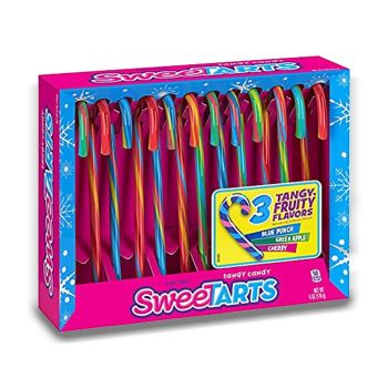 A box of 12 brightly coloured tangy fruit flavour candy canes!