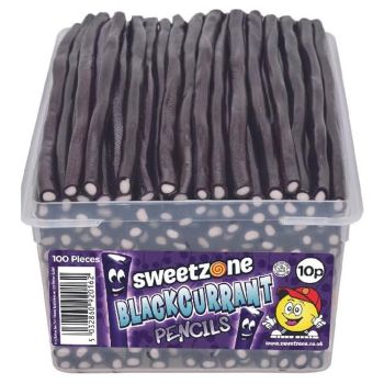 Sweetzone blackcurrant pencils in a bulk plastic tub