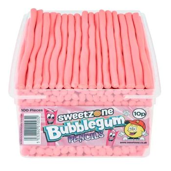 Sweetzone bubblegum pencils sweets in a bulk plastic tub