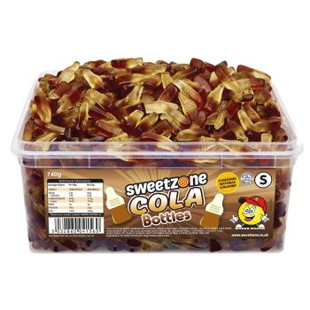 Sweetzone Cola Bottles in a bulk plastic tub