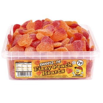 Sweetzone fizzy peach hearts in a bulk plastic tub