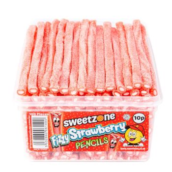 Sweetzone fizzy strawberry pencils sweets in a bulk plastic tub