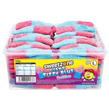 Sweetzone Giant fizzy blue bottles sweets in a bulk plastic tub