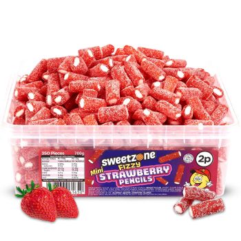 Sweetzone mini fizzy strawberry pencils in a bulk plastic tub