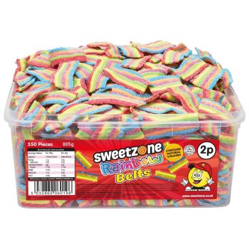 Sweetszone Rainbow Belts in a bulk plastic tub