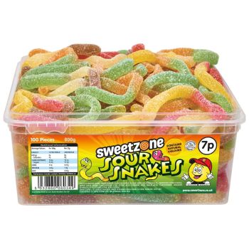 Sweetzone sour snakes sweets in a bulk plastic tub