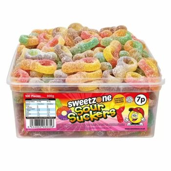 Sweetzone Sour Suckers in a bulk plastic tub