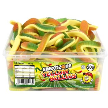 Sweetzone yellow bellies sweets in a bulk plastic tub