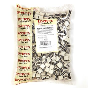 A bulk 3kg bag of Taveners black and white liquorice mints