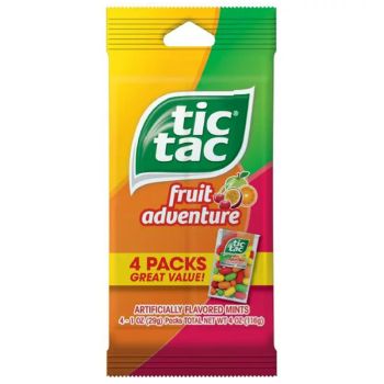 A pack of 4 tubs of Tic Tac fruit adventure - cherry, strawberry, passionfruit and lime flavours.