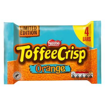 A multipack of 4 Toffee crisp orange bars made from soft caramel and crispy cereal pieces