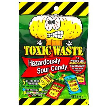 Toxic Waste Retro sweets hazardously sour candy in a handy peg bag.