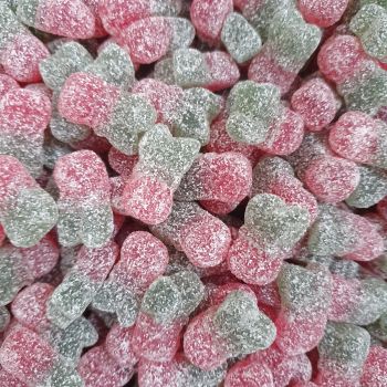 A 100g bag of fizzy cherry sweets, gummy cherries with a fizzy sour coating.