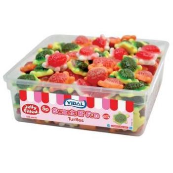 A bulk tub of Jelly sweets shaped like turtles with a gooey jelly centre