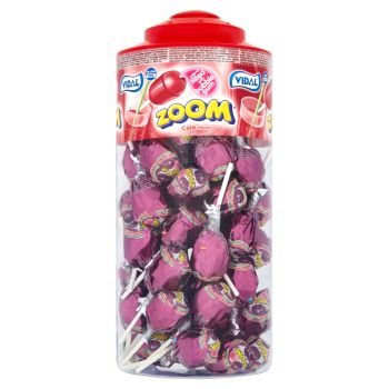 A full jar of 50 Lollipops that are cola flavour with a bubblegum centre