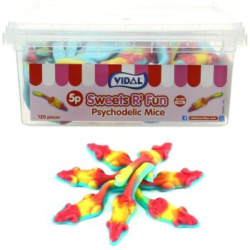Giant mice shaped sweets in bright psychodelic colours