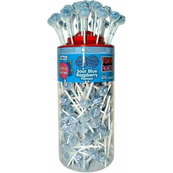 A full jar of 150 Sour Blue Raspberry Lollies that turn your whole mouth blue!