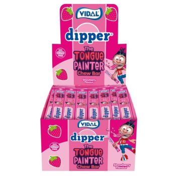 A full box of Vidal Dipper chew bars in a strawberry flavour and they are tongue painters too!