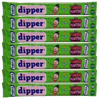 Vidal sour apple dipper chew bars which paint your mouth green!