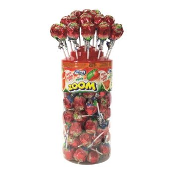 A full jar of watermelon flavour lollies with a bubblegum centre