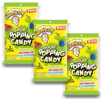 American Sweets - Pack of 3 Warheads popping candy bags, includes 3 flavours - Green Apple, Watermelon, Blue Raspberry