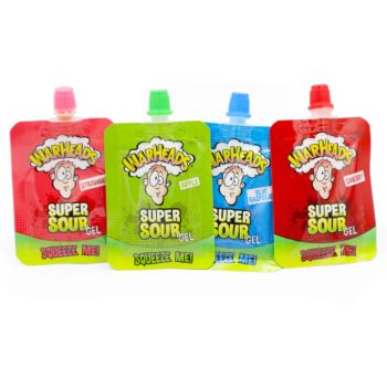 Warheads sachets of super sour gel candy that squeezes into your mouth