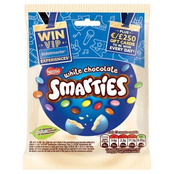 A bag of White Chocolate Smarties, colourful sweets made from white chocolate with a crispy sugar shell