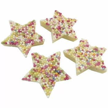 Hannahs White Stars - White chocolate flavour chocolate candy shaped like stars with a sprinkle topping