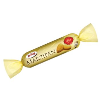 A solid bar of traditional marzipan covered in dark chocolate