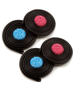 Traditional liquorice wheels sweets with a soft aniseed flavour, coloured round sweet in the centre.