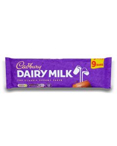 A multipack of 9 Cadbury Dairy Milk chocolate bars, smooth milk chocolate bars.