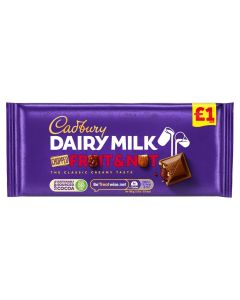 A sharing size Dairy Milk chocolate bar with chopped fruit and nut pieces in.