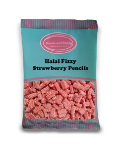 Halal Pick and Mix Sweets - 1kg Bulk bag of Fizzy strawberry pencils, sugar coated candy sweets with a fondant centre!