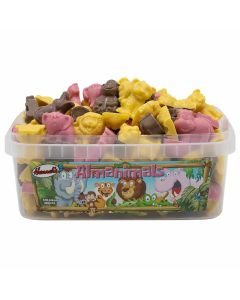 A full tub of retro sweets, chocolate flavour candy pieces in the shape of zoo animals!