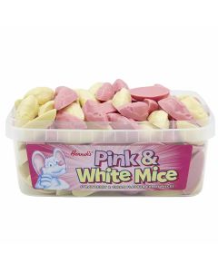 A full tub of strawberry and cream flavour chocolate candy sweets shaped like mice
