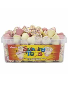 Pick and Mix Sweets - A full tub of strawberry and cream flavour chocolate sweets shaped like spinning tops with sprinkles on top!