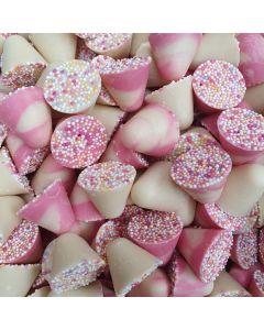 Pinning Tops - Strawberry and cream flavour chocolate candy in a spinning top shape with sprinkles on top