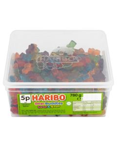A full tub of Haribo jelly bears with a mix of sweet and sour flavour jelly sweets