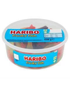 A full tub of Haribo freaky fish, colourful vegetarian jelly sweets