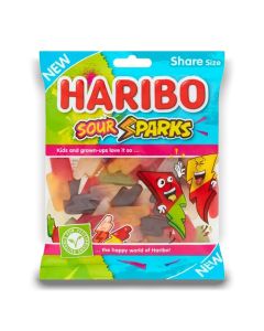Haribo Sour Sparks is a unique mix of chewy gummy sweets with a sour centre. Dual flavour combinations in each lighting bolt piece, offering a bolt of sourness and a long lasting chew. 
