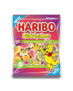 Soft and fruity, Haribo Starbeams is a mix of soft jelly and foam sweets in 3 fruity flavours with added fruit juice; Cherry, Apple and Lemon.