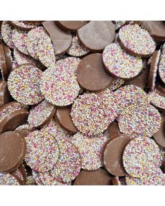 Hannahs mega jazzies are milk chocolate flavour discs with multicoloured sprinkles on top