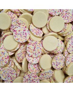 Hannahs mega snowies are white chocolate flavour discs with multicoloured sprinkles on top